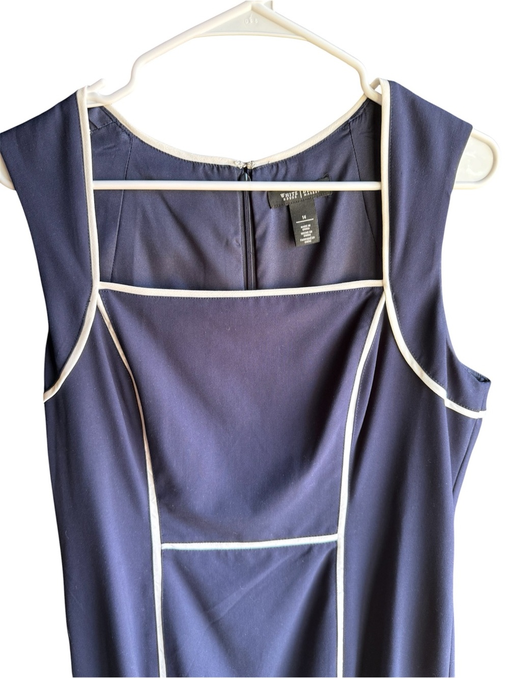 White House Black Market sleeveless sheath dress in officer blue with white trim - Picture 3 of 10